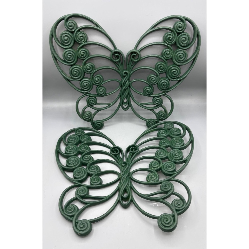 Vtg Homco Set Of Two Butterfly Wall Decor Green Scroll Design Large‎ 10"